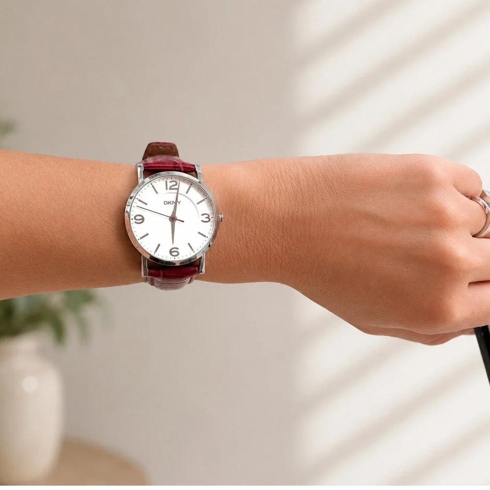 DKNY Women's Watch Burgundy Croc Embossed Leather Silver Tone New Battery